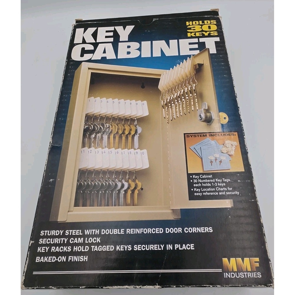 MMF Industries Locking Key Cabinet 30-Key Steel Wall Mount Beige, 40 Key Tags
